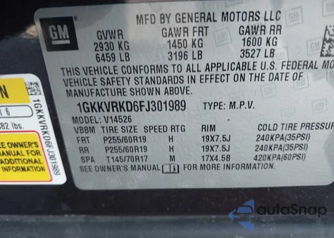 2015 GMC Acadia Slt-1 z USA, uszkodzony, nr VIN 1GKKVRKD6FJ301989